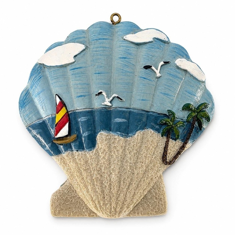 Hand Painted Coastal Seashell Ornament Beach Sailboat Palm Tree Nautical Decor
